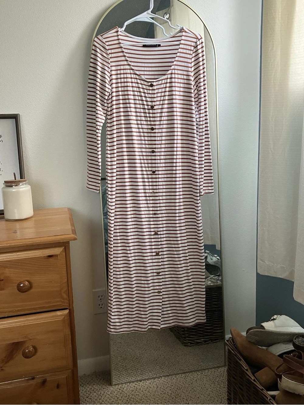 Striped Mauve and White Button-Front Maxi Dress